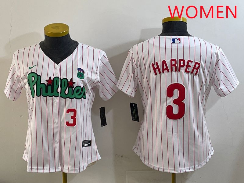 Women Philadelphia Phillies #3 Harper White Stripe Second generation joint name 2025 Nike MLB Jersey style 3->women mlb jersey->Women Jersey
